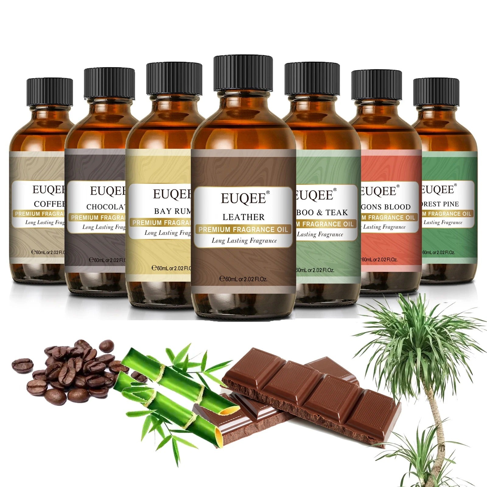 EUQEE 60ml (2 Fl.Oz.) Men's Fragrance Oil For Reed Diffuser, Car Diffusion-Leather Coffee Bamboo & Teak Bay Rum Aromatherapy Oil