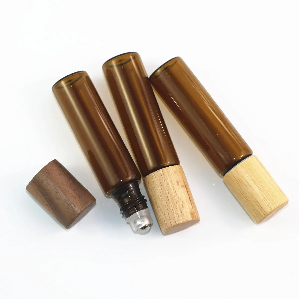 1x 10x 3ml 5ml 10ml Amber Clear Glass Roll on Bottles Natural bamboo Wood cap Sample Roller Ball Vials For Essential Oil Perfume