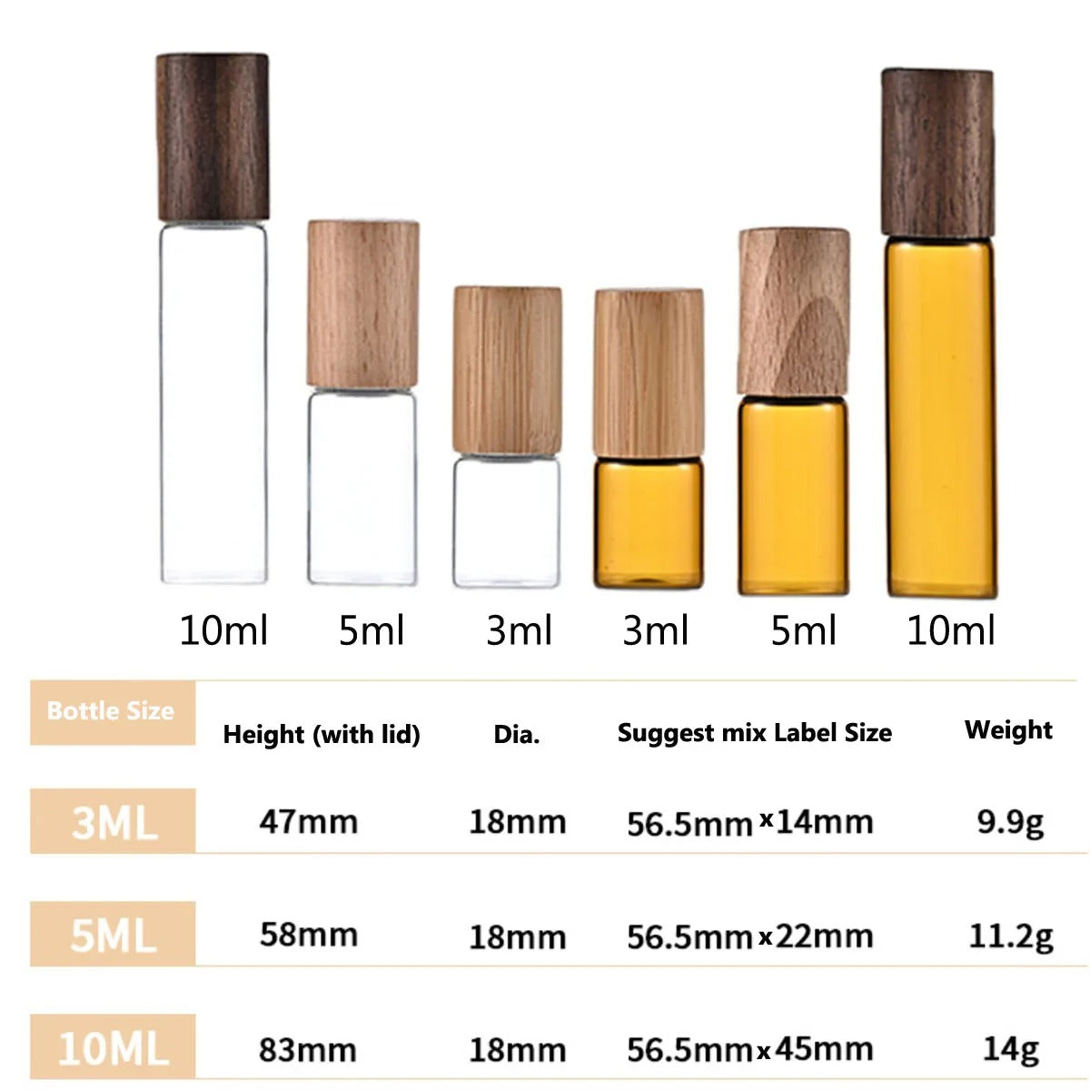 1x 10x 3ml 5ml 10ml Amber Clear Glass Roll on Bottles Natural bamboo Wood cap Sample Roller Ball Vials For Essential Oil Perfume